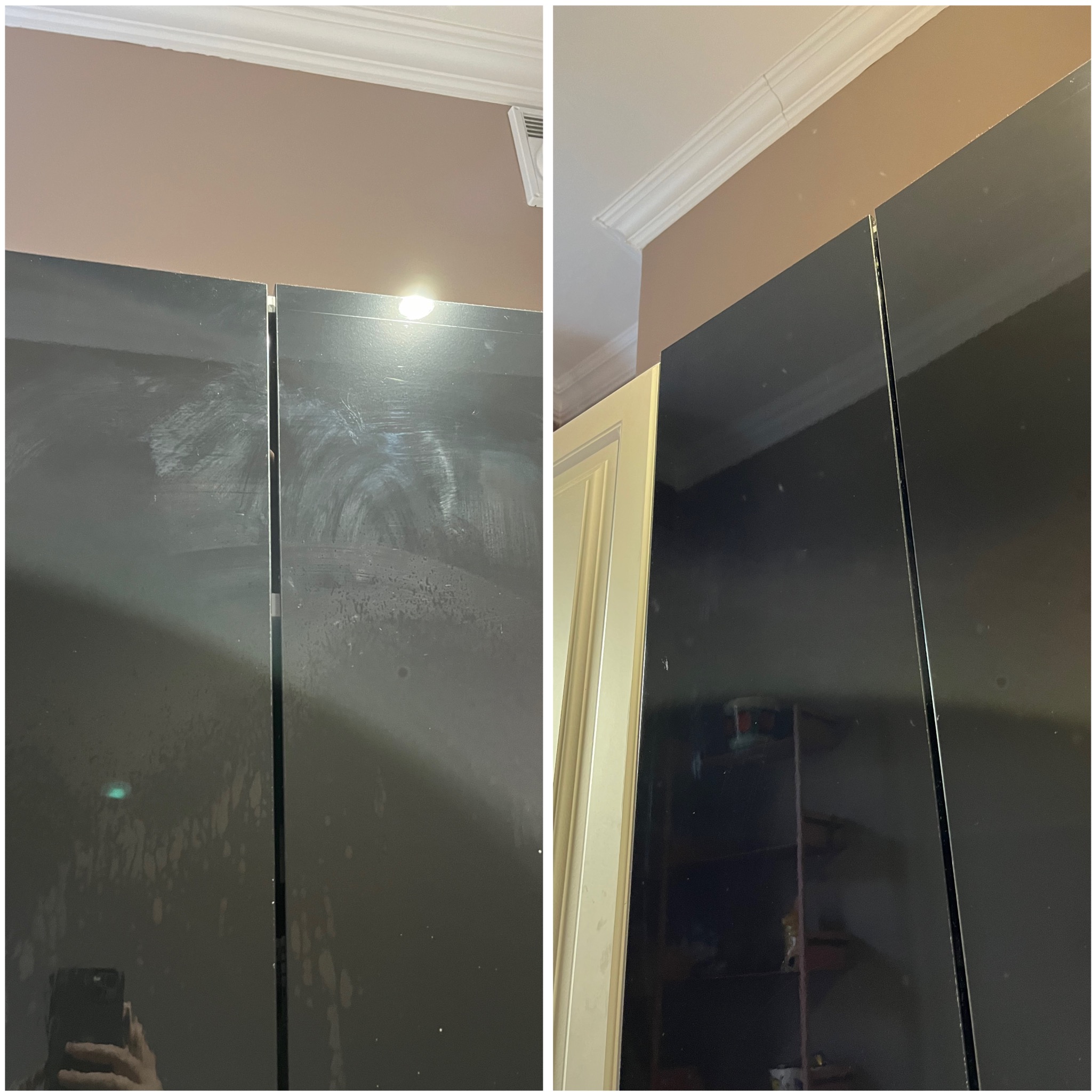 Zdjęcie 'przed' i 'po' czyszczeniu frontów szafek kuchennych. Po lewej brudne, po prawej czyste, błyszczące fronty. Widoczne odbicie w czystej powierzchni.