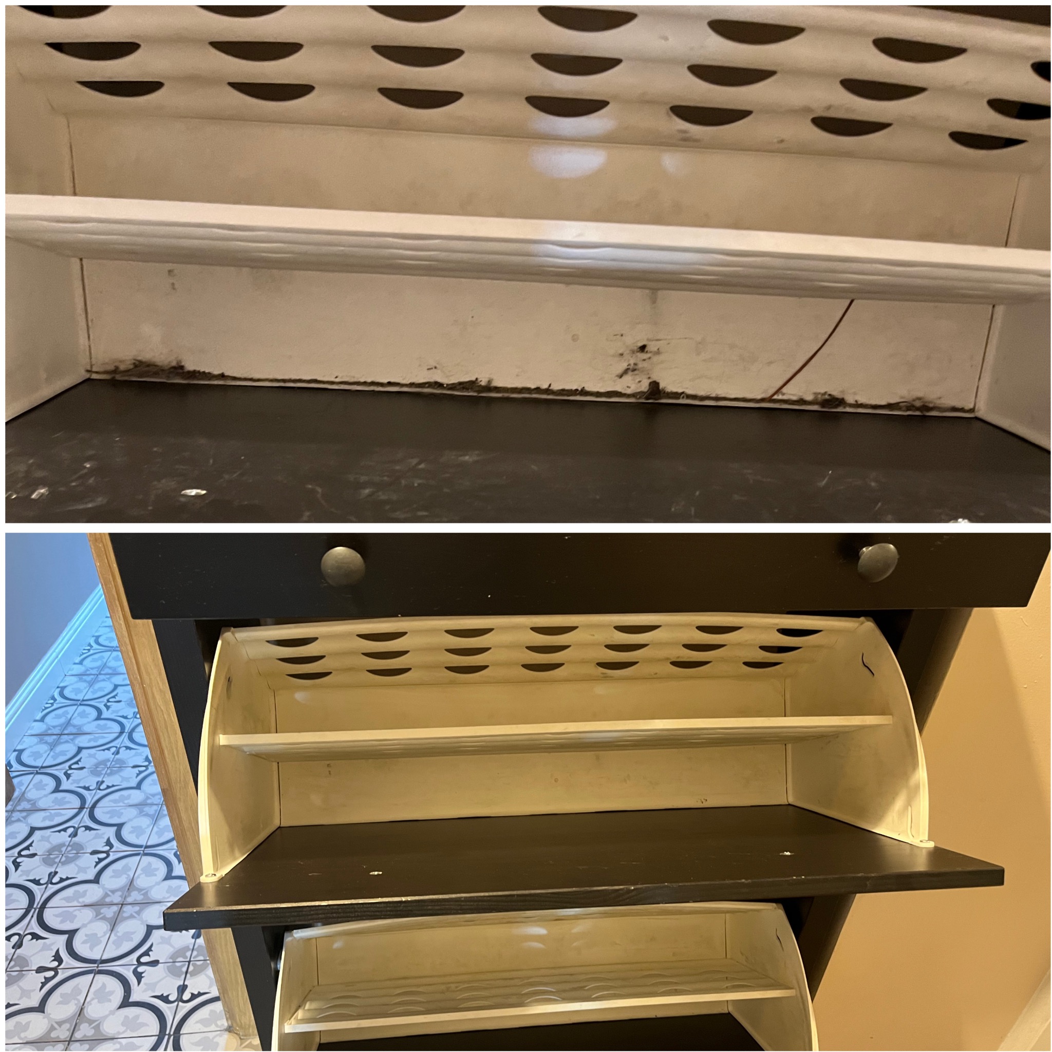 Zdjęcie 'przed i po' czyszczenia wnętrza szafki na buty. Górna część ukazuje zabrudzenia, dolna - czystą szafkę z widocznymi półkami i perforowanymi ściankami.