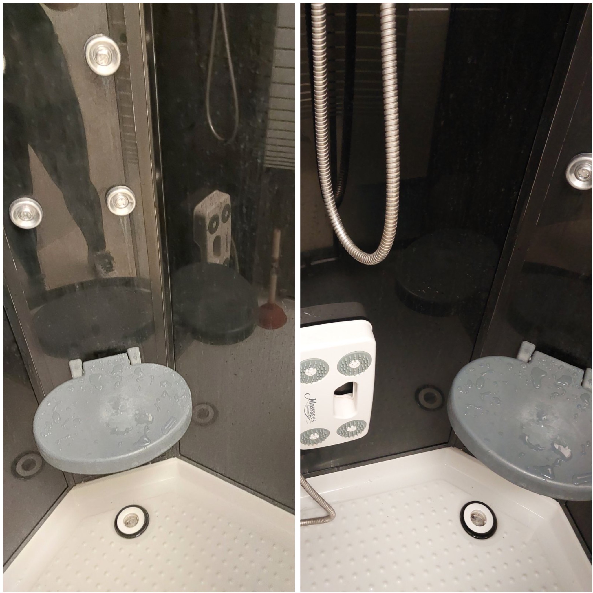 Brudna kabina prysznicowa przed czyszczeniem. Widoczne zacieki i osady na ścianach, siedzisku i słuchawce prysznicowej. Po lewej stronie widać odbicie osoby robiącej zdjęcie.