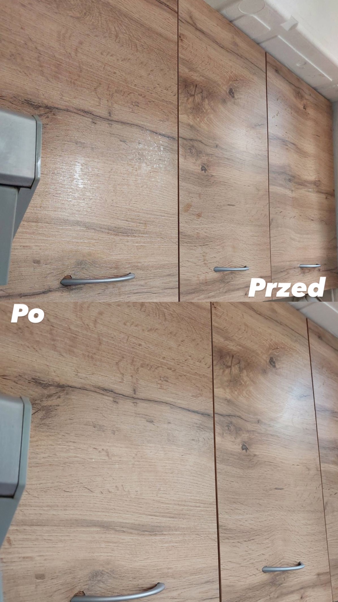 Kuchenne szafki z drewnianymi frontami, ujęcie 'przed' (zabrudzenia) i 'po' (czyste). Widoczne uchwyty i fragment blatu. Perspektywa z dołu.