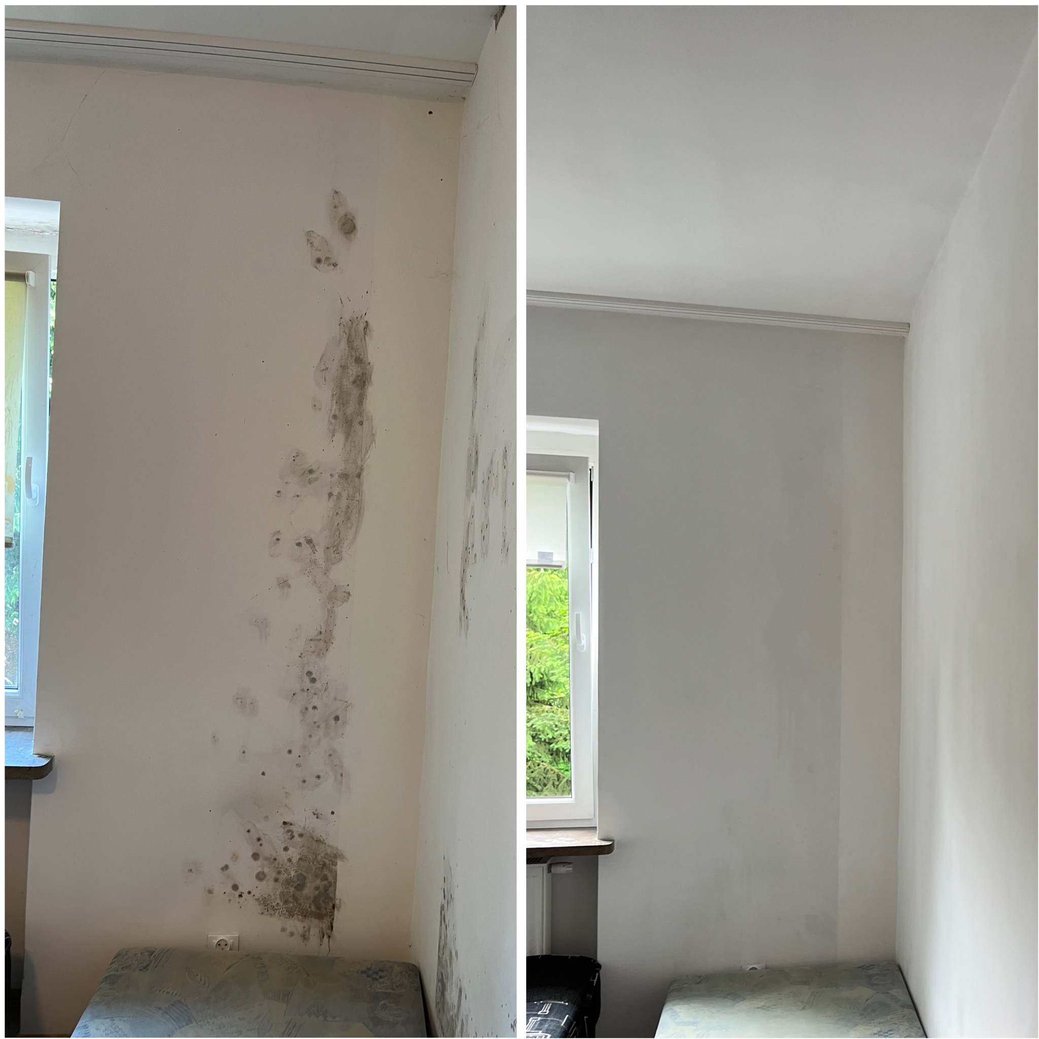 Ściana z pleśnią przed i po czyszczeniu we Wrocławiu. Na zdjęciu widoczne efekty usuwania zabrudzeń i grzyba, odnowiona powierzchnia.