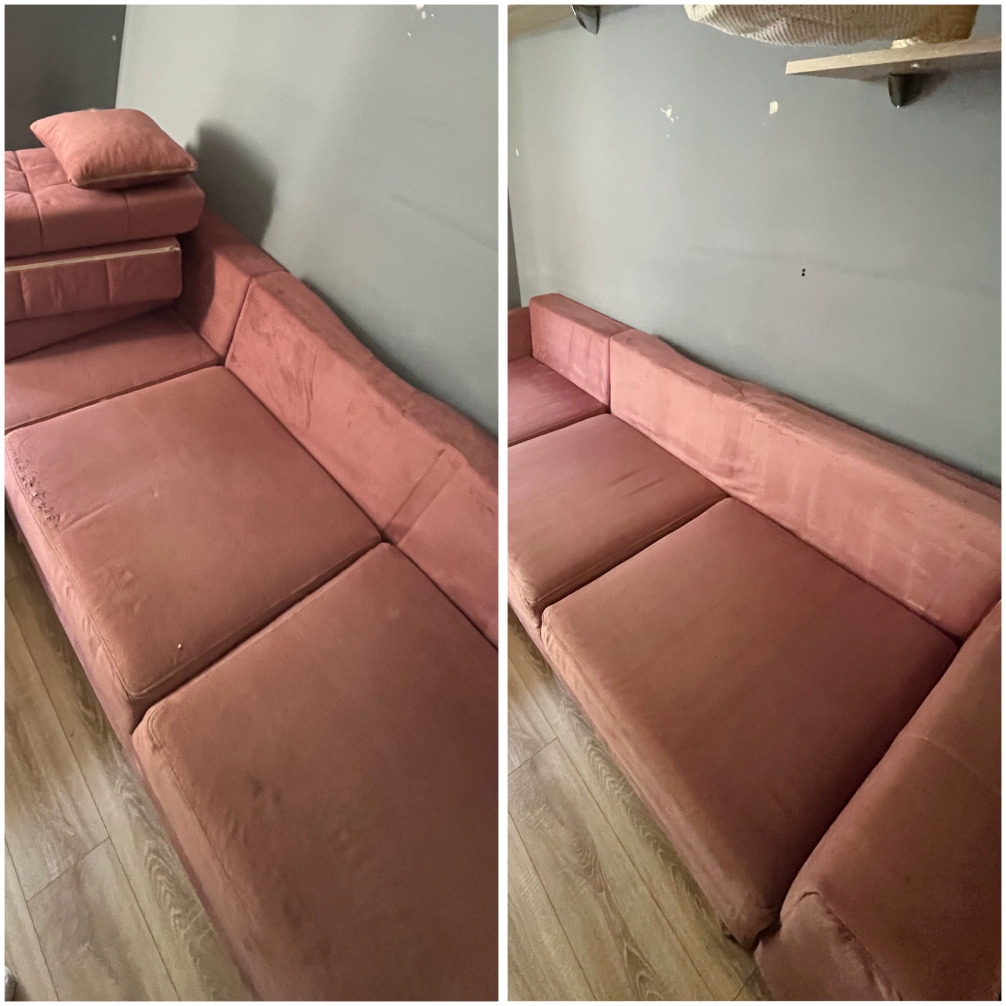 Dwa ujęcia tej samej, modułowej, różowej kanapy. Po lewej widoczne uszkodzenia na siedzisku, po prawej kanapa po czyszczeniu, z wyraźnie poprawionym wyglądem tapicerki.
