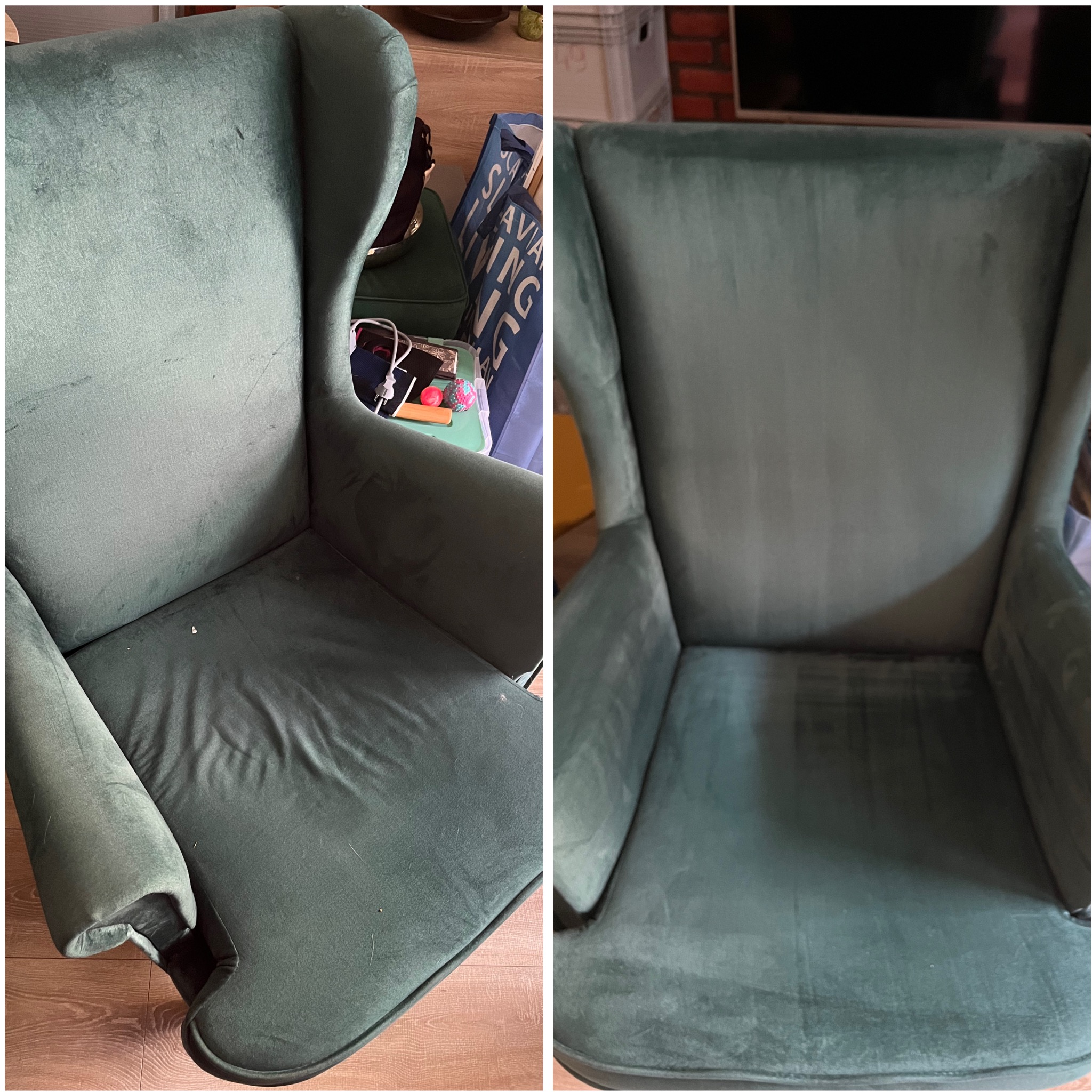 Fotel typu uszak przed i po praniu tapicerki we Wrocławiu. Widoczne wyraźne różnice w czystości i odświeżeniu koloru zielonego materiału.