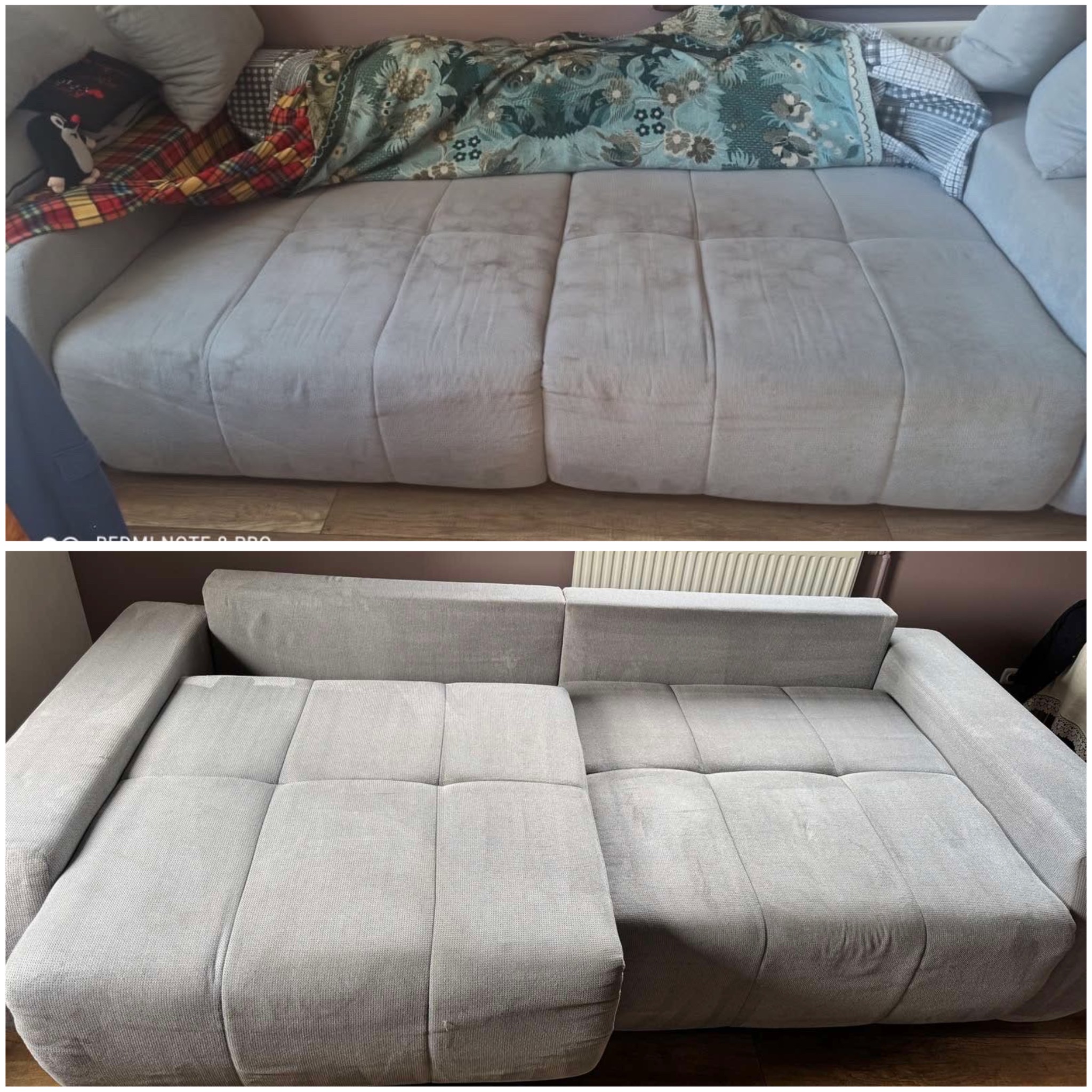 Zdjęcie przedstawia sofę przed i po czyszczeniu, z widocznymi plamami na górnej części i czystą dolną częścią. Na sofie leżą poduszki i pled.