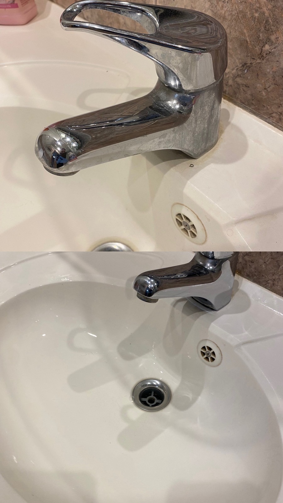Umywalka przed i po czyszczeniu: górna część z osadem, dolna lśniąca czystością. Bateria chromowana. Widoczny odpływ. Efekt sprzątania łazienki.