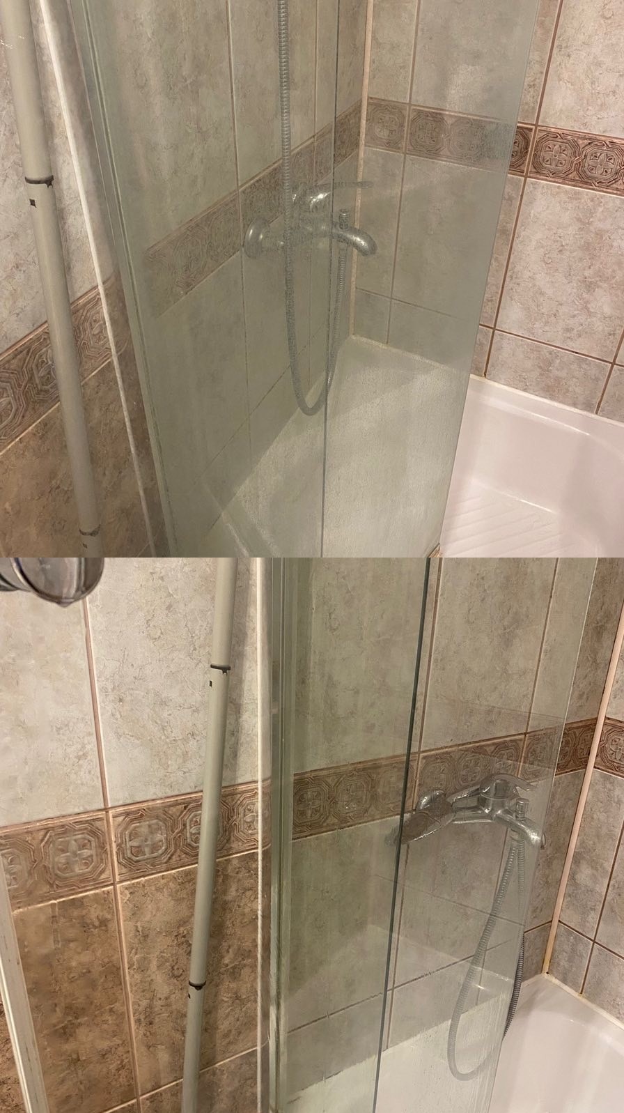 Kabina prysznicowa po czyszczeniu: porównanie stanu przed i po, widoczne różnice w przejrzystości szkła i czystości armatury na tle beżowych płytek.