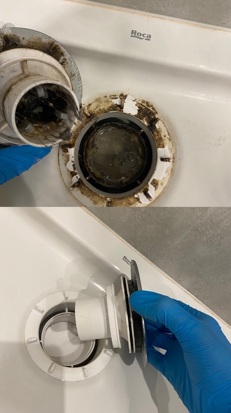 Udrożnianie odpływu umywalki Roca: porównanie stanu przed i po czyszczeniu. Zanieczyszczony syfon vs. wyczyszczony element, widoczne rękawice ochronne.