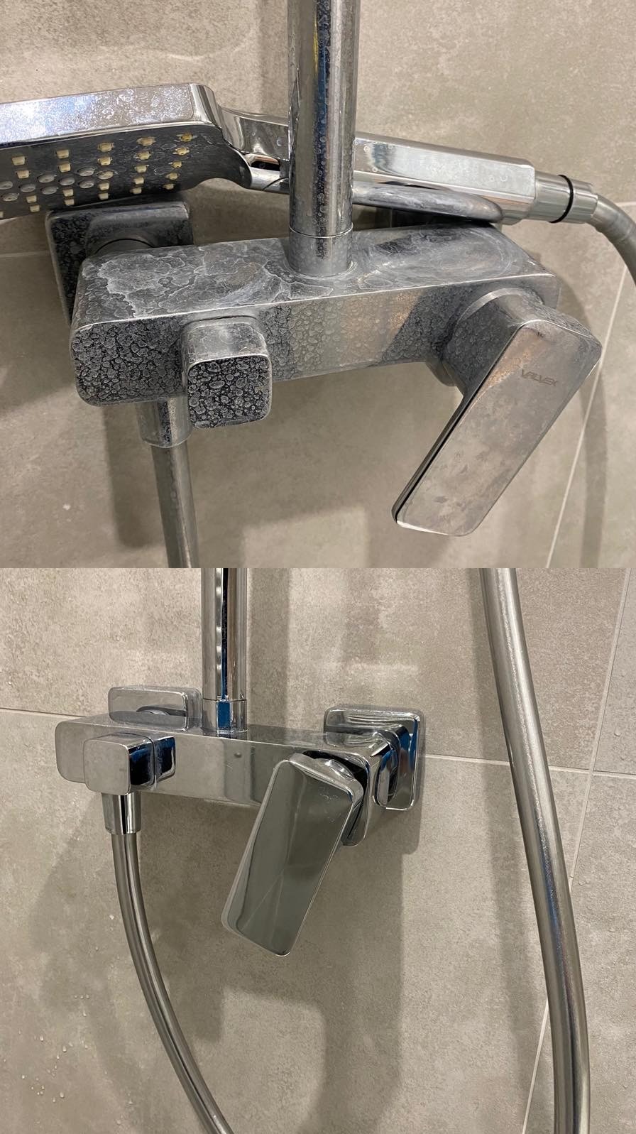 Kran prysznicowy przed i po czyszczeniu, widoczne osady kamienia usunięte. Bateria błyszcząca, chromowana, na tle szarych płytek. Efekt czyszczenia.