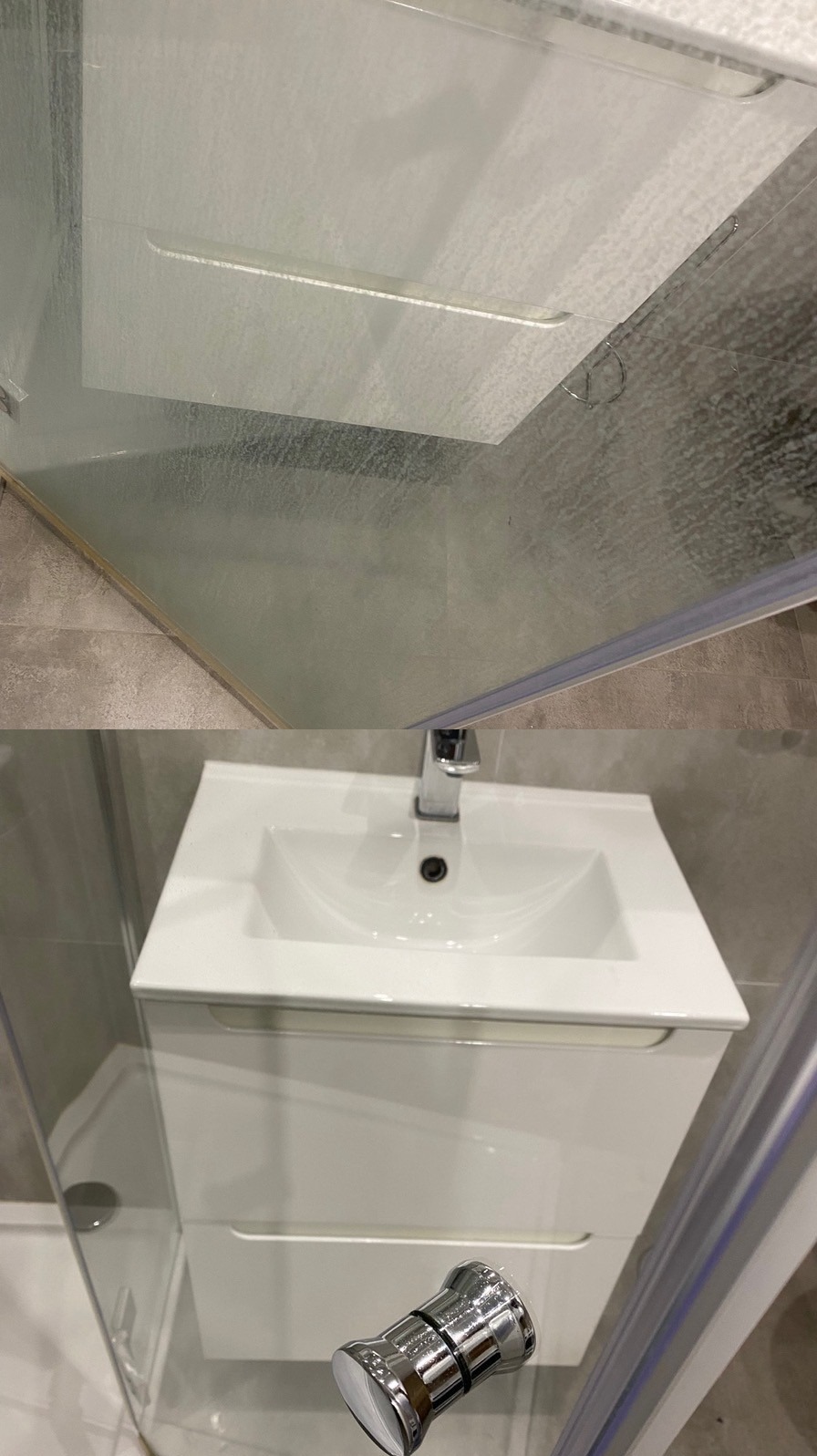 Biała umywalka z szafką i kabina prysznicowa z widocznymi śladami osadu, ukazujące efekt czyszczenia, z chromowanym uchwytem kabiny na pierwszym planie.