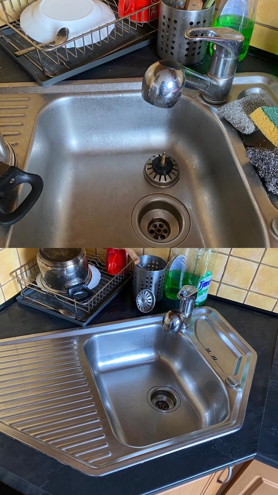 Zdjęcie 'przed i po' przedstawia brudny i czysty zlew kuchenny ze stali nierdzewnej, z widocznymi akcesoriami do mycia naczyń i środkami czystości.