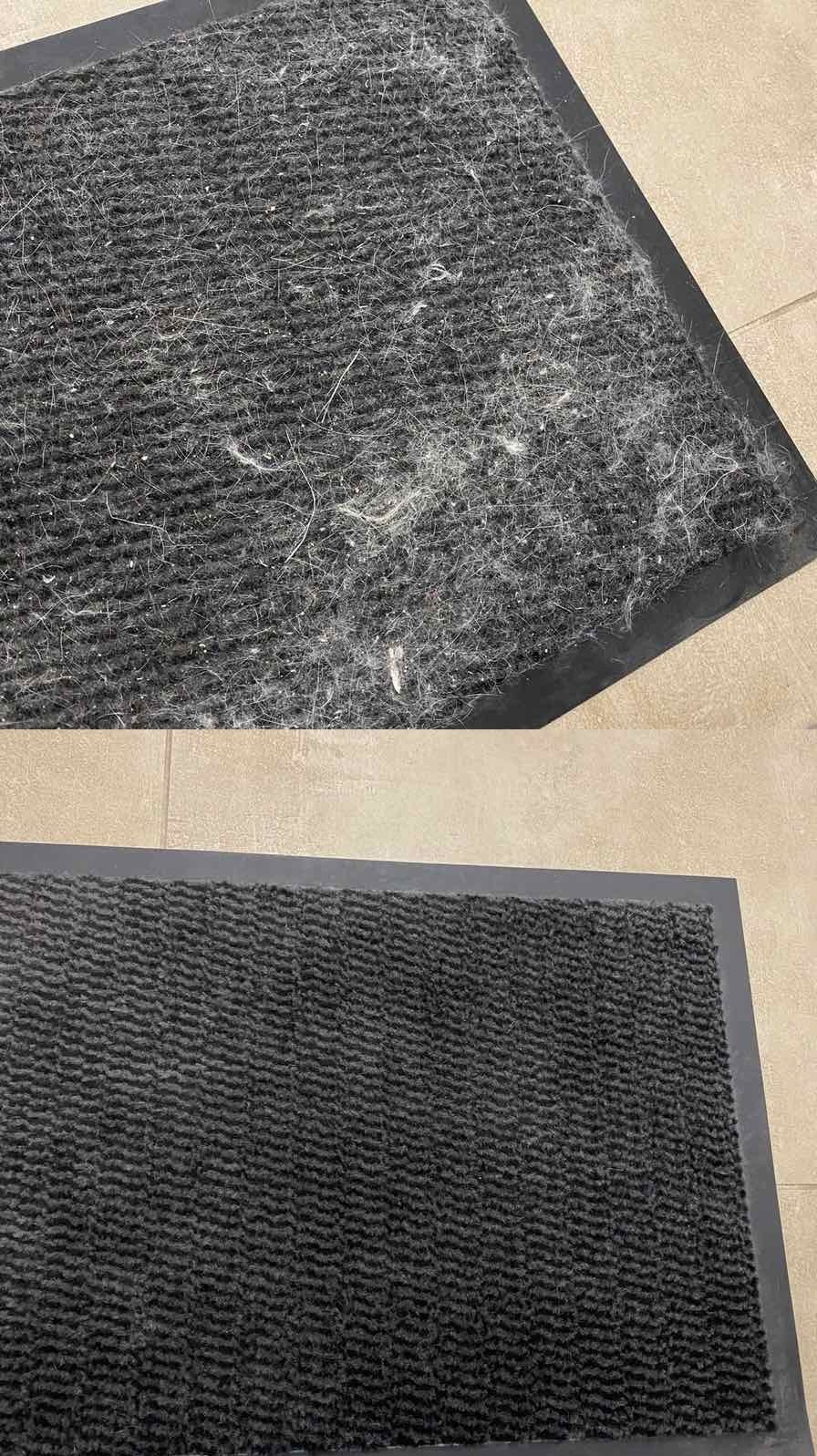 Dywan wejściowy: góra - silnie zabrudzony sierścią, dół - czysty po profesjonalnym praniu. Efekt 'przed i po' na beżowych płytkach podłogowych.