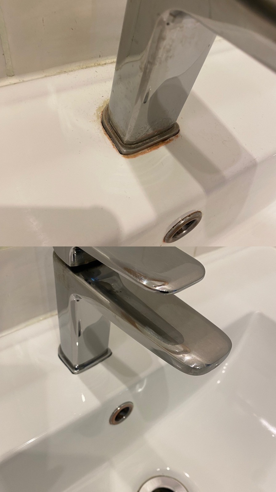 Zdjęcie 'przed i po' czyszczenia chromowanej baterii umywalkowej z osadów i rdzy, z widocznym efektem lśniącej czystości na białej umywalce.