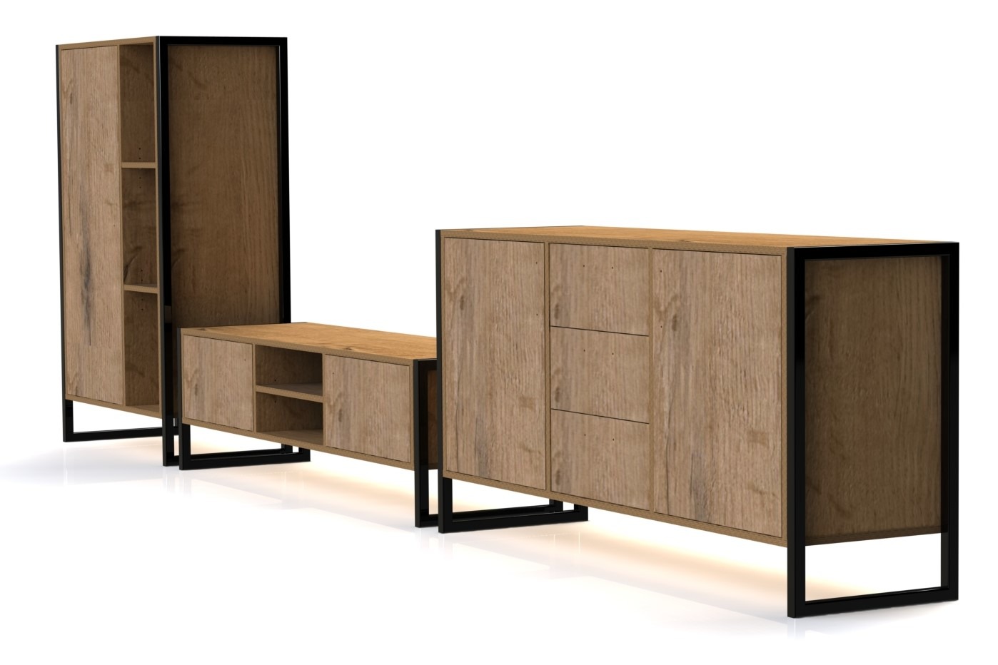 Regał z szafkami i półkami w stylu industrialnym, z drewnianymi frontami w odcieniach brązu i czarną metalową konstrukcją, na białym tle.