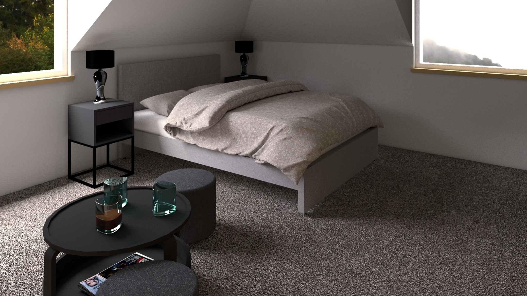 Neutralna sypialnia na poddaszu z szarą pościelą, stolikiem kawowym z napojami i stolikiem nocnym z lampką.