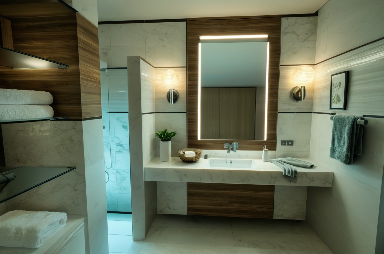 Nowoczesna łazienka z marmurowymi płytkami, podświetlanym lustrem w drewnianej ramie i szklaną kabiną prysznicową, uzupełniona o detale takie jak roślina w białej doniczce, ręczniki...