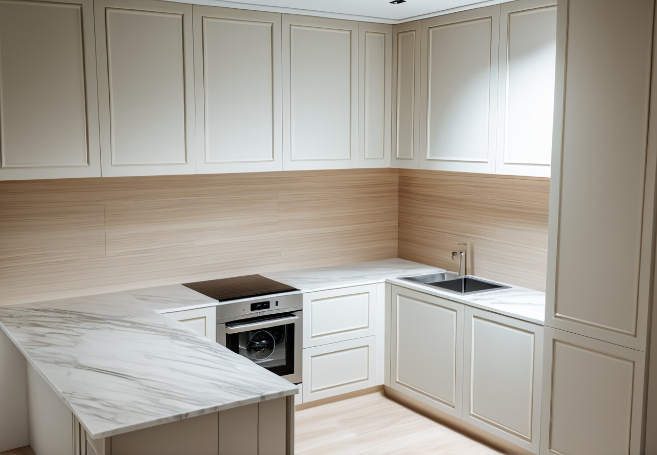 Nowoczesna kuchnia z białymi, frezowanymi szafkami, blatem z marmuru Carrara, płytą indukcyjną i piekarnikiem w zabudowie.