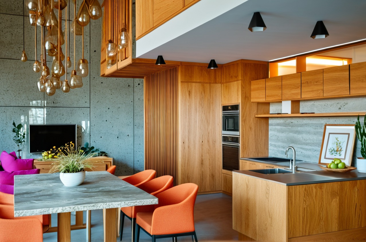 Nowoczesna aranżacja wnętrza z otwartą kuchnią, drewnianymi meblami i wyspą, szarym stołem z pomarańczowymi krzesłami oraz dekoracyjną lampą wiszącą z żarówek.