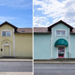 Rafał Lesik MAJSTER LESIK - Zdjęcie 'przed i po' prezentujące budynek: po lewej żółta elewacja, po prawej odświeżona, turkusowa fasada z nowym, zielonym daszkiem nad wejściem. Widok z poziomu ulicy.