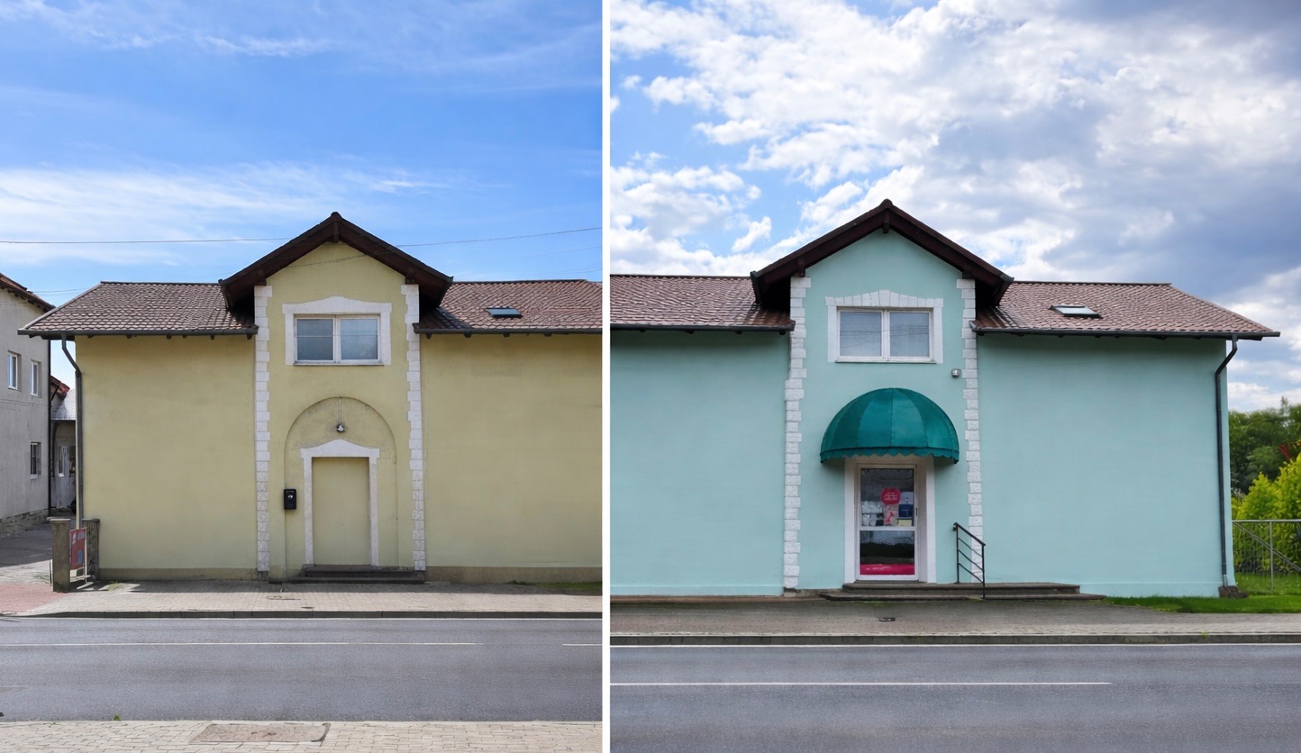 Zdjęcie 'przed i po' prezentujące budynek: po lewej żółta elewacja, po prawej odświeżona, turkusowa fasada z nowym, zielonym daszkiem nad wejściem. Widok z poziomu ulicy.
