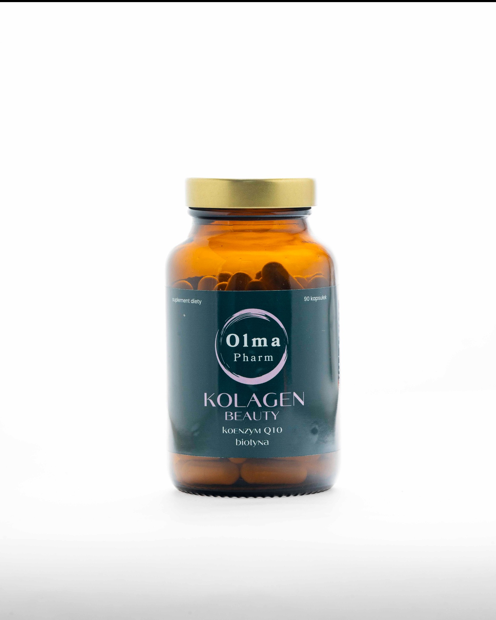 Zdjęcie brązowej butelki z suplementem diety Kolagen Beauty marki Olma Pharm, na białym tle. Widoczne kapsułki wewnątrz i etykieta z nazwą produktu.