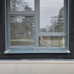 Szare okno z roletą zewnętrzną w trakcie montażu, widoczne elementy konstrukcyjne i izolacyjne budynku.