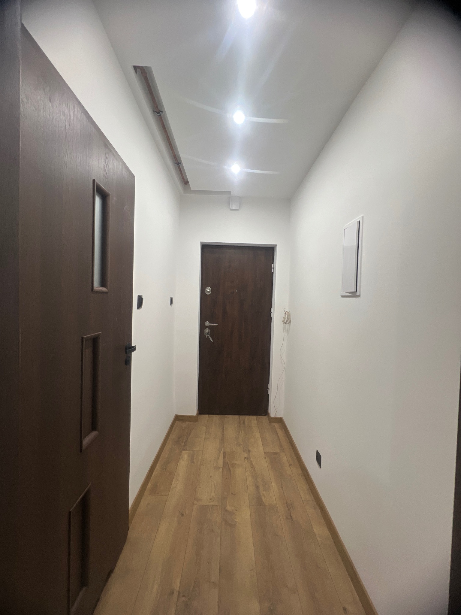 Wnętrze korytarza z dwiema ciemnymi, drewnianymi drzwiami, jasnymi ścianami i panelami podłogowymi w odcieniach drewna, oświetlone punktowymi lampami sufitowymi.