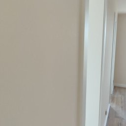 TL TARAS LITSEVYCH - Świeżo pomalowana ściana w odcieniach beżu, widoczna rama białych drzwi i fragment podłogi z paneli w tle