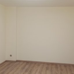 TL TARAS LITSEVYCH - Pusty pokój po remoncie z drewnopodobnymi panelami podłogowymi, świeżo pomalowanymi ścianami w odcieniu beżu oraz zamontowanymi drzwiami z mleczną szybą.