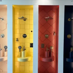 Wielobarwna ekspozycja armatury łazienkowej Grohe, prezentująca cztery różne zestawy prysznicowe i baterie umywalkowe w odcieniach pastelowego różu, żółci, czerwieni i granatu, każdy z dopasowanymi...