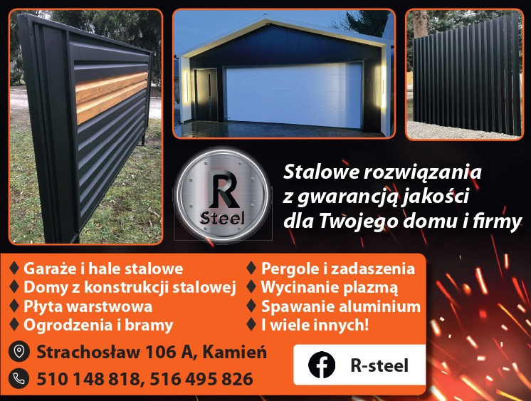 Kompozycja reklamowa prezentująca stalowe rozwiązania: nowoczesne ogrodzenie z elementami drewnianymi, garaż z bramą segmentową oraz panelowe ogrodzenie pionowe na żwirowym podłożu, uzupełnione...