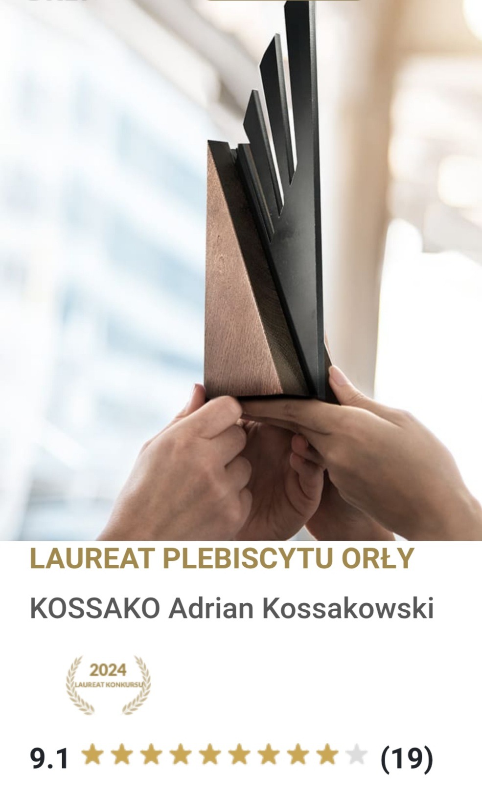 Dłonie trzymają nowoczesną, drewniano-metalową statuetkę z plebiscytu. Jasne tło, naturalne światło. Widoczny fragment okna.