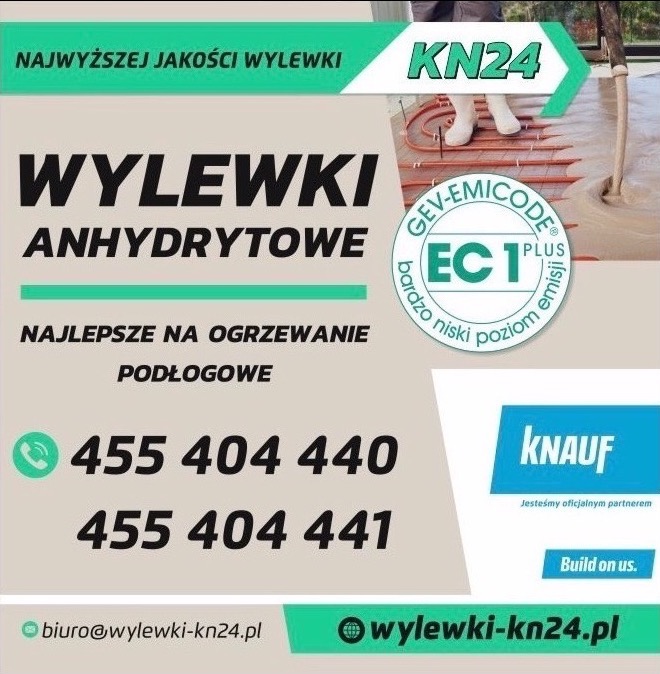 Grafika reklamowa prezentująca wylewki, z widocznym fragmentem podłogowego ogrzewania i wylewki, logo EC1 PLUS, logo Knauf oraz dane kontaktowe.