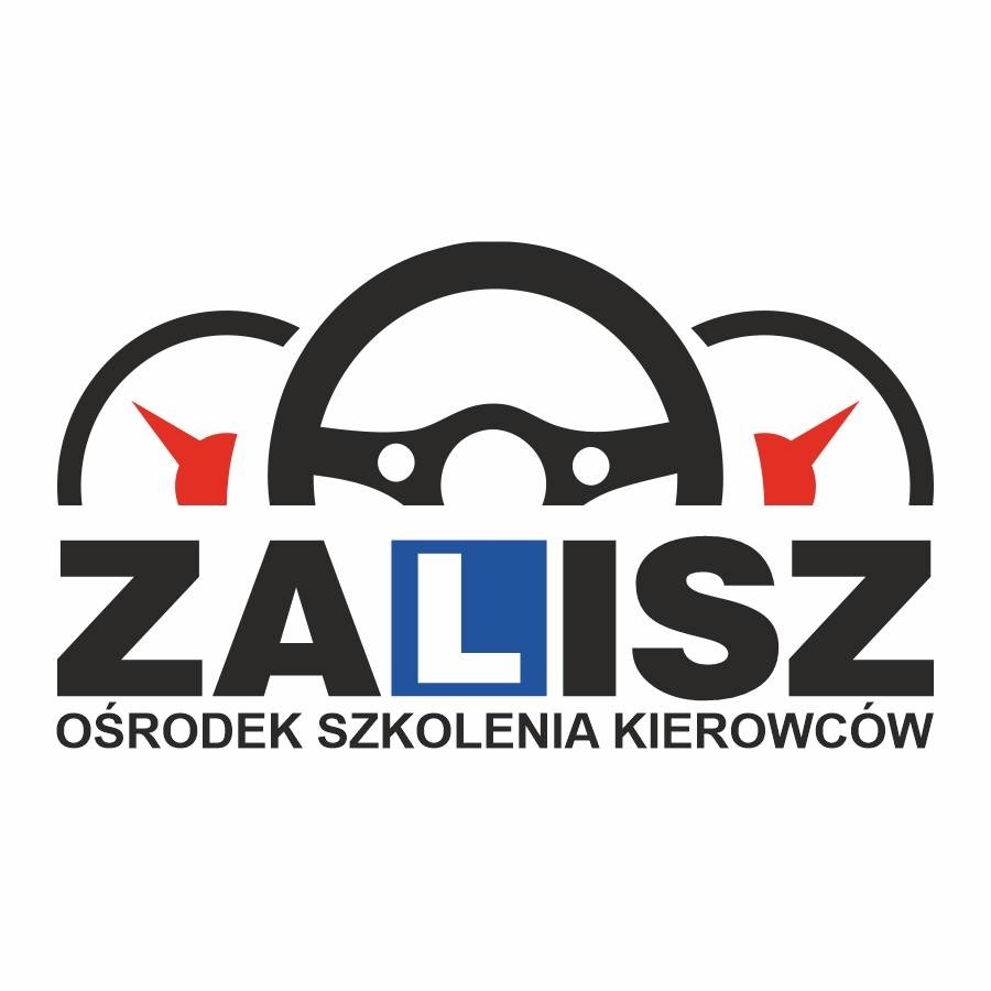 Logo ośrodka szkolenia kierowców ZALISZ z stylizowaną kierownicą i prędkościomierzami nad nazwą, litera 'L' w nazwie wkomponowana w niebieski znak 'L' nauki jazdy.