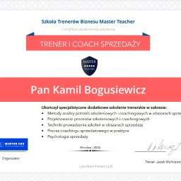 Certyfikat potwierdzający ukończenie szkolenia dla Trenerów i Coachów Sprzedaży 