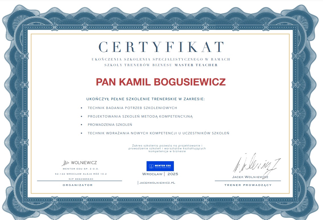 Certyfikat potwierdzający ukończenie Szkoły Trenerów Biznesu 'Master Teacher' Jacka Wolniewicza.