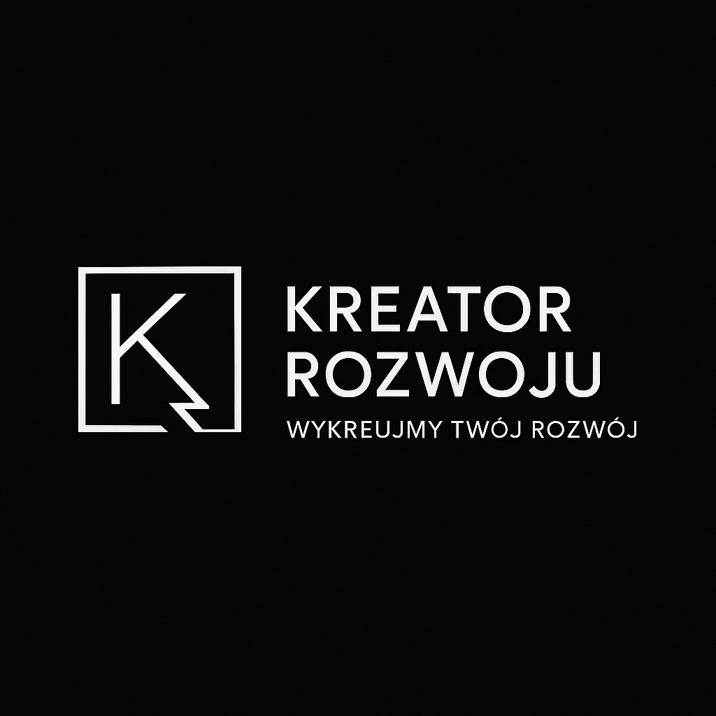 Minimalistyczne logo 'Kreator Rozwoju' na czarnym tle. Biały znak 'K' w kwadracie, obok napis 'Kreator Rozwoju' i hasło 'Wykreujmy Twój Rozwój'.