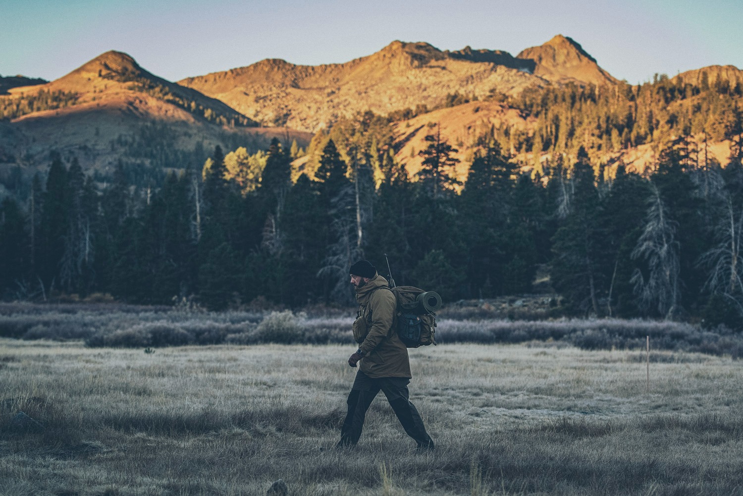 Mężczyzna w outdoorowej odzieży i z plecakiem idzie przez trawiaste pole w kierunku lasu i gór w oddali, wczesnym rankiem.