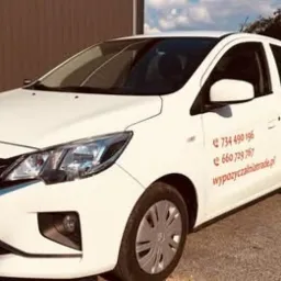 Biały samochód osobowy z naklejkami informacyjnymi o cenie wynajmu i numerach kontaktowych, zaparkowany na zewnątrz w słoneczny dzień.