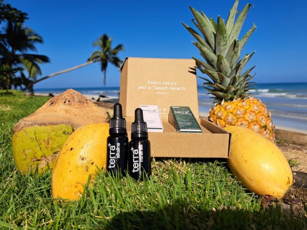 Dwie buteleczki z pipetami marki Terra Alkaline Minerals, mango, kokos, ananas i pudełko z produktami na tle plaży z palmami.