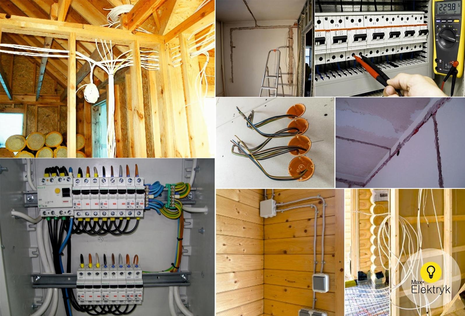 Zestawienie zdjęć przedstawiających różne etapy instalacji elektrycznych: kable w ścianach, rozdzielnice elektryczne, pomiary napięcia multimetrem, puszki instalacyjne z kablami, instalacja...
