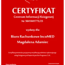 Certyfikat Centrum Informacji Księgowej dla Biura Rachunkowego IncoMED, potwierdzający pozytywną weryfikację usług księgowych. Data wydania: 16.06.2025.