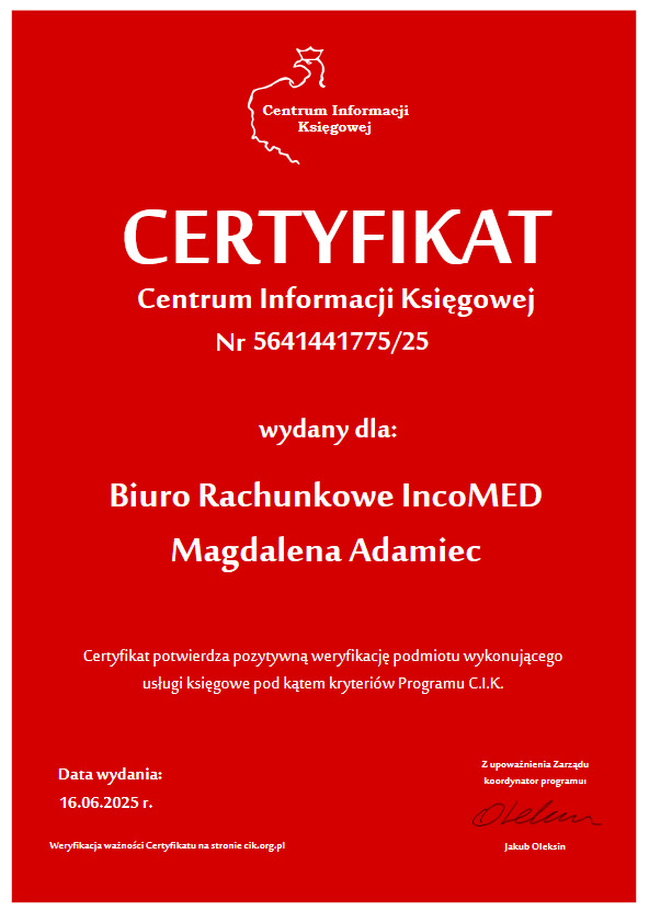 Certyfikat Centrum Informacji Księgowej dla Biura Rachunkowego IncoMED, potwierdzający pozytywną weryfikację usług księgowych. Data wydania: 16.06.2025.