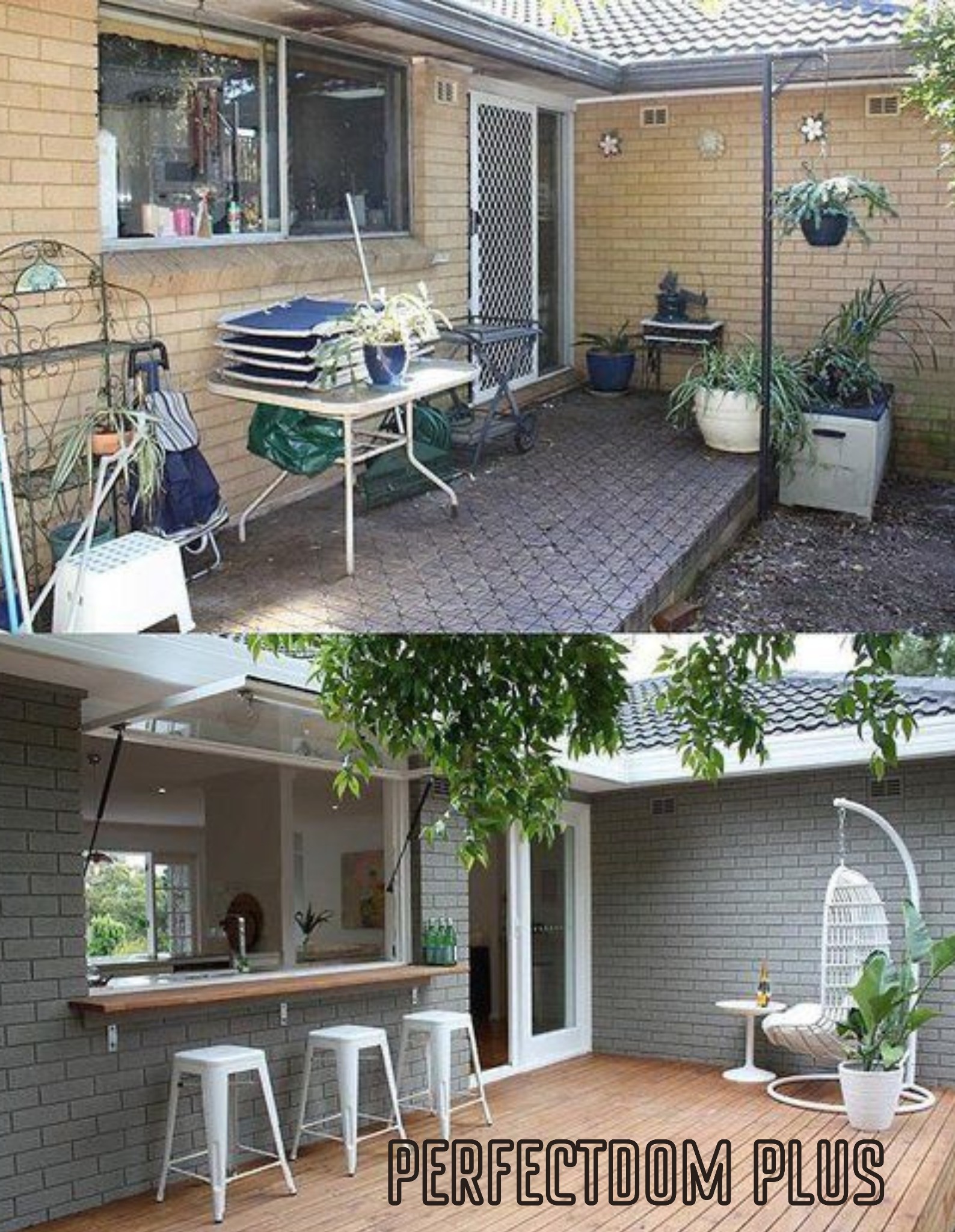 Przekształcony taras z ceglaną ścianą, oknem barowym otwieranym do góry, drewnianym blatem, białymi stołkami barowymi i wiszącym fotelem. Górna część zdjęcia przedstawia taras w stanie przed remontem.