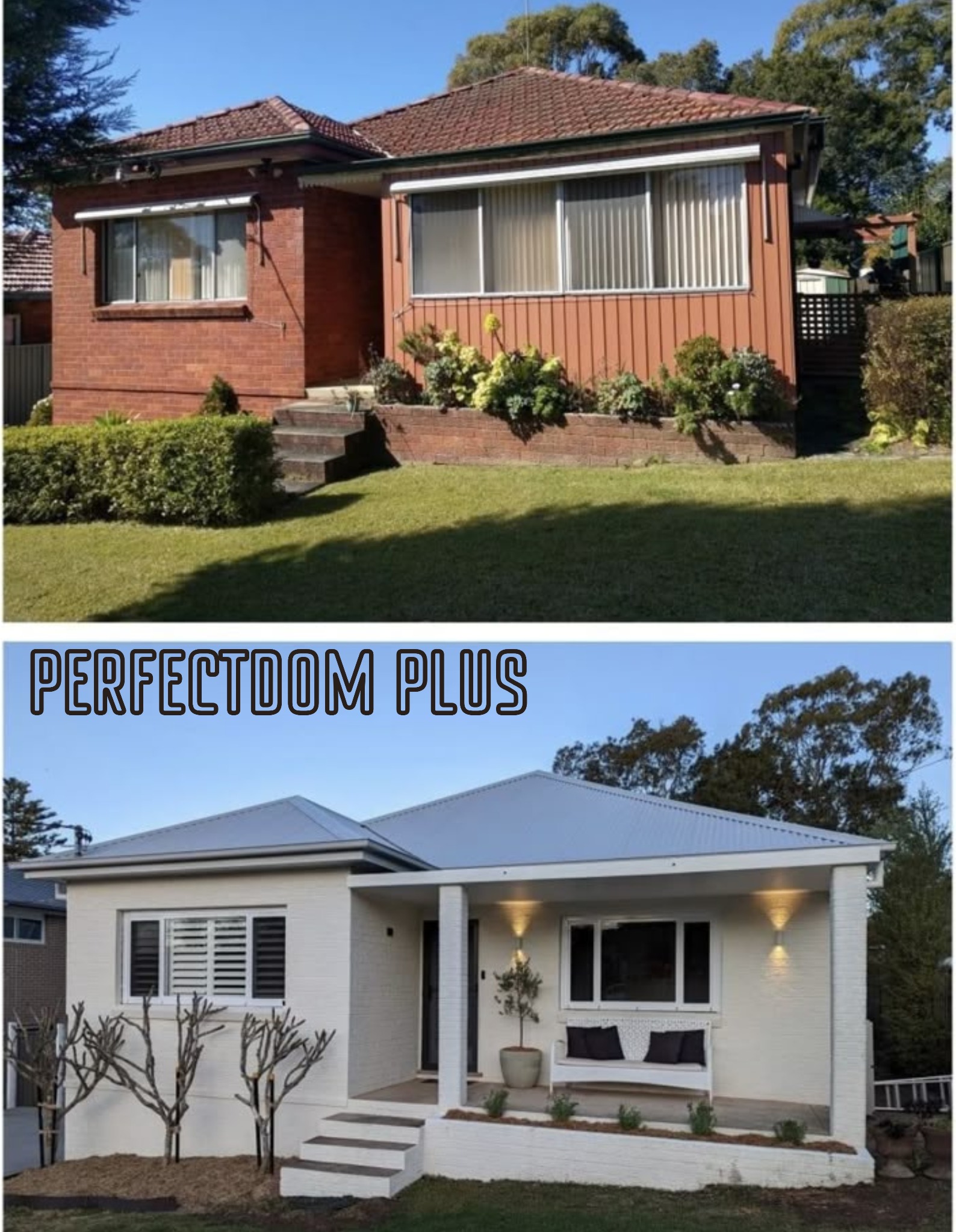 Porównanie domu przed i po renowacji: od ceglanego z brązowymi elementami do białego z szarym dachem, uwzględniające zmiany w elewacji i aranżacji otoczenia.