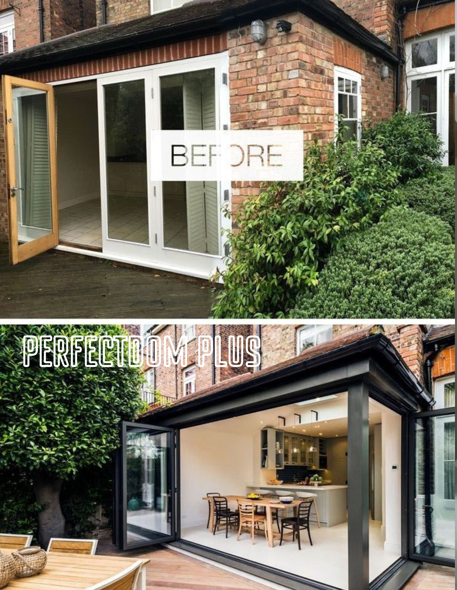 Porównanie przed i po rozbudowie domu z przeszklonymi drzwiami harmonijkowymi, widok na jadalnię i kuchnię.