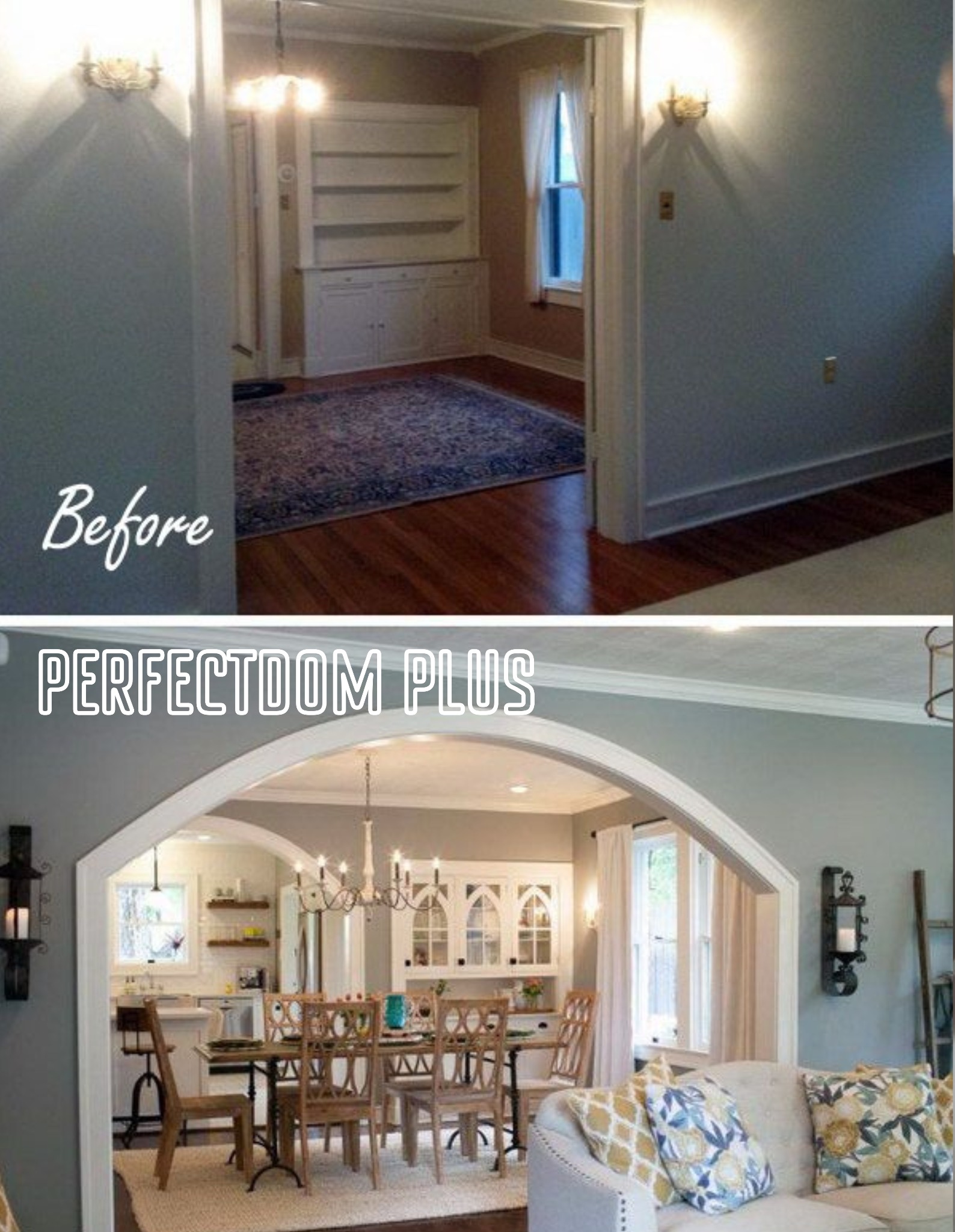 Porównanie 'przed' i 'po' remontu: górna część pokazuje pokój z dywanem i wbudowanymi półkami, dolna część ukazuje odnowione wnętrze z łukowym przejściem do kuchni, stołem jadalnym i sofą.