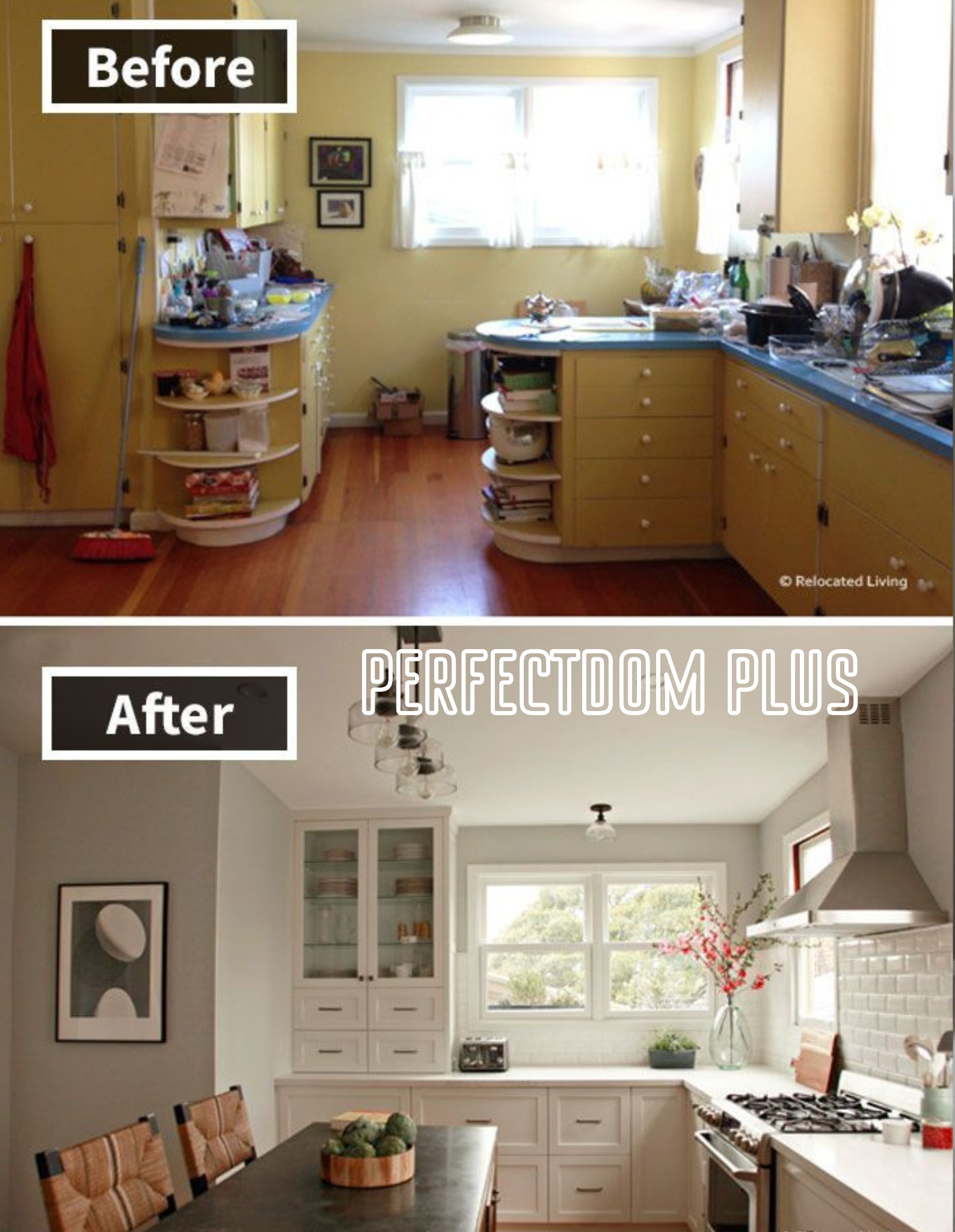 Porównanie kuchni przed i po: żółte szafki i bałagan przed remontem, a po - jasne, nowoczesne wnętrze z białymi szafkami i kwiatami w wazonie.