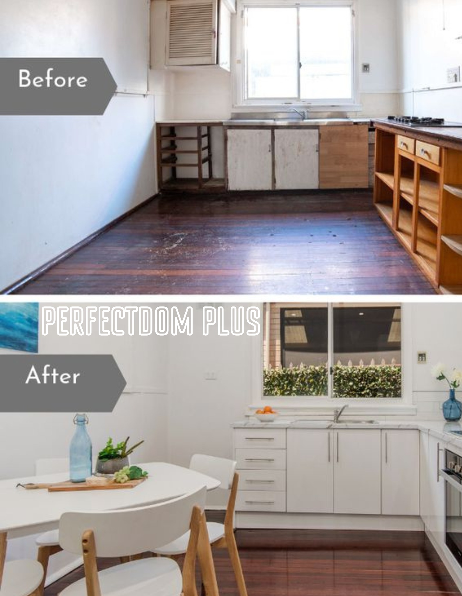 Zdjęcie 'przed i po' przedstawiające metamorfozę kuchni: od surowego stanu z drewnianymi szafkami i niedokończonymi elementami do nowoczesnej, jasnej przestrzeni z białymi meblami i marmurowym blatem.