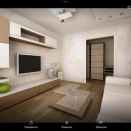 Nowoczesny salon z drewnianą podłogą, białym narożnikiem, telewizorem i minimalistyczną szafką RTV, oświetleniem punktowym i dekoracyjną ścianą.