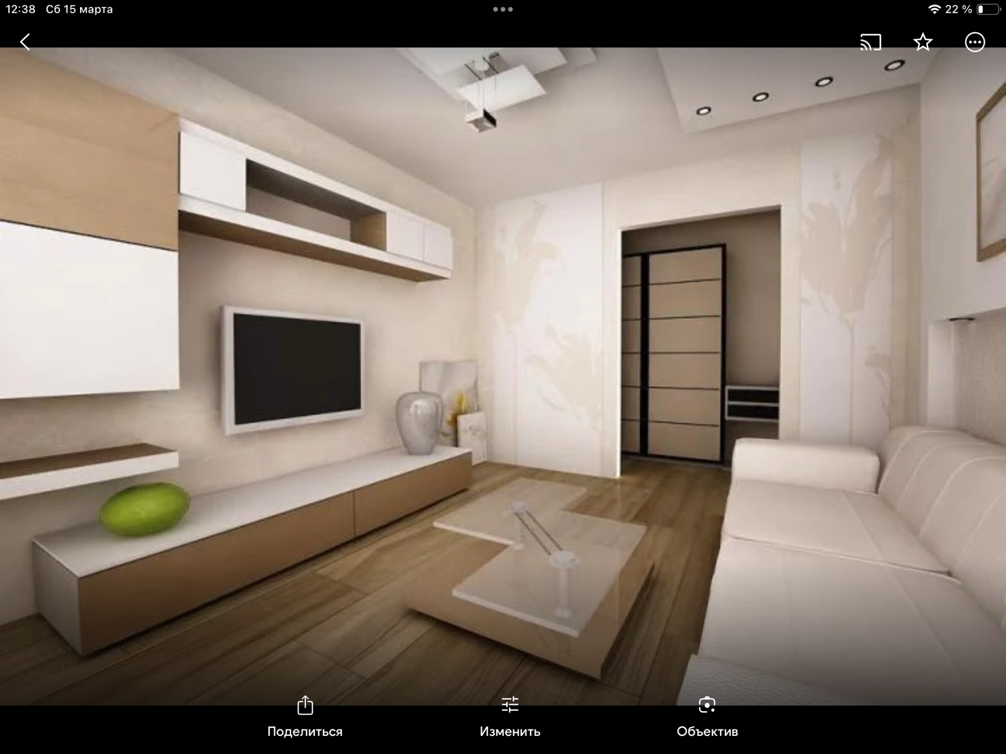 Nowoczesny salon z drewnianą podłogą, białym narożnikiem, telewizorem i minimalistyczną szafką RTV, oświetleniem punktowym i dekoracyjną ścianą.